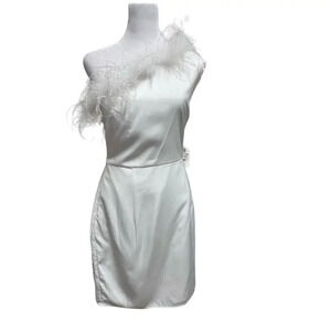 Altar’d State White Feather Trimmed Satin Mini Dress Size Medium Bridal